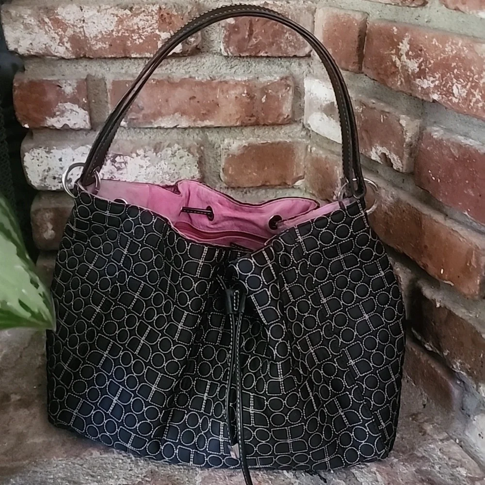 Kate Spade Vintage Quilted Nylon Bucket Hobo Bag Black Drawstring Pink Lining